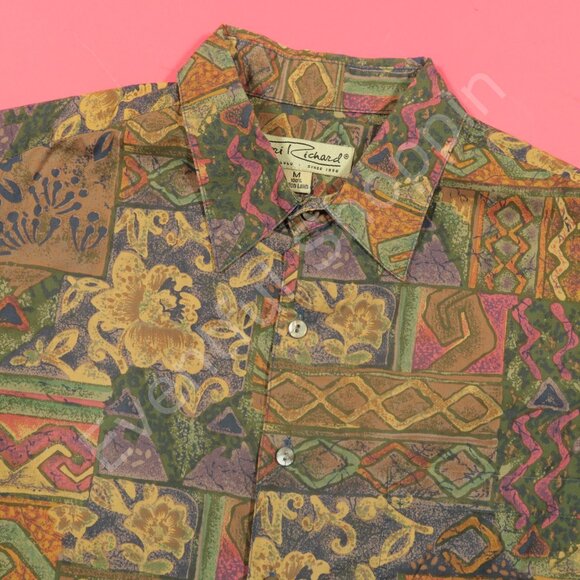 Tori Richard Shirt Mens Medium Purple Yellow Hawaiian Vintage Wild Pattern - Picture 1 of 4